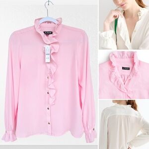 J. Crew Chiffon Drapey Cottage Shirt Ruffle Collar & Cuffs Long Sleeve New